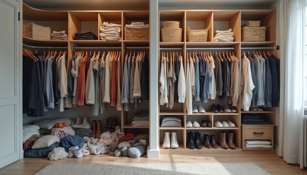 Walk-in closet shows side-by-side comparison of chaotic pile of clothes on floor versus neatly arranged garments on shelves, hangers. Shoes organized below neat shelves. Baskets store folded items on
