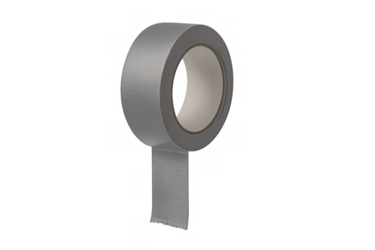 Silver gray duct tape roll with a piece unrolling, providing utility for fixing, sealing, and crafting needs
