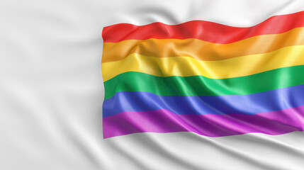 Fototapeta premium Rainbow pride flag waving on white fabric background with soft folds and vibrant color bands conveying celebration and inclusivity