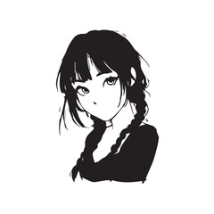 Beautiful Kawaii Girl Black and White Vector Illustration in Cute Simple Line Art Style