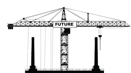 High contrast graphic illustration of a construction crane lifting a symbolic element representing the future rendered in a bold modern style with vibrant colors and clean lines