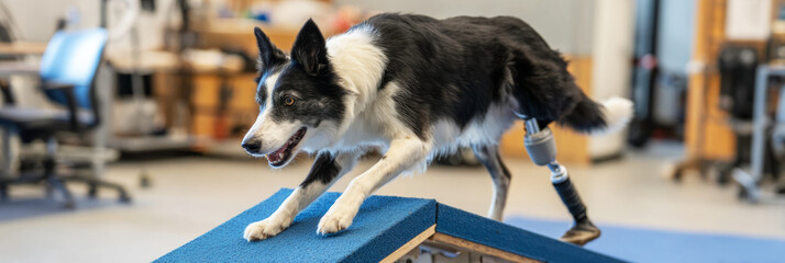Border collie confidently walks up an agility ramp, showcasing its recovery progress. The pet wears a prosthetic leg, highlighting dedication to fitness and therapy in a training facility, banner