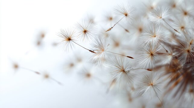 Macro View of Delicate Dandelion Seeds Floating Against Soft Background, Symbolizing Freedom, Dreams, and Transience