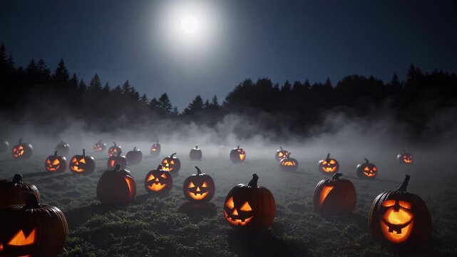 A Moonlit Pumpkin Patch Shining Brightly on a Quiet Halloween Night