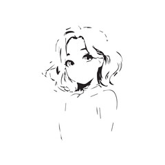 Beautiful Kawaii Girl Black and White Vector Illustration in Cute Simple Line Art Style