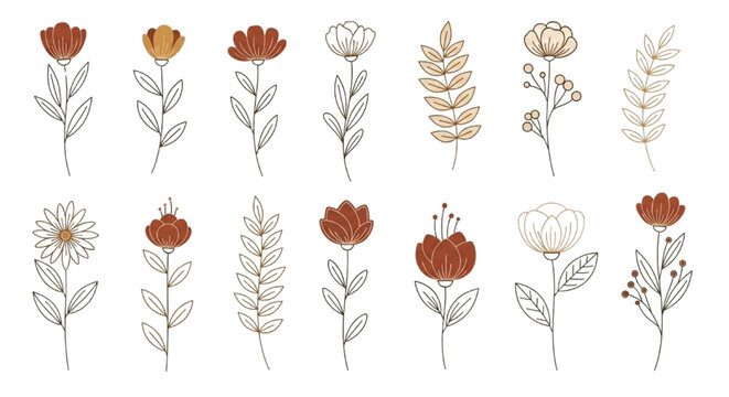 Vector collection of bohemian minimalist flower and leaf line art elements in earth tones.