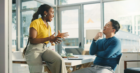 Woman, man and discussion at startup, planning and listen for review, excited or team at media...