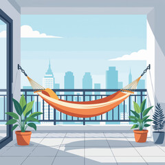 Obraz premium Hammock on a city balcony with a skyline view. Urban relaxation and staycation concept. Flat design graphic of a modern apartment terrace