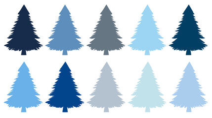 Obraz premium Collection of stylized blue and grey pine trees for winter design. Vector Christmas conifer illustrations, holiday graphic elements.