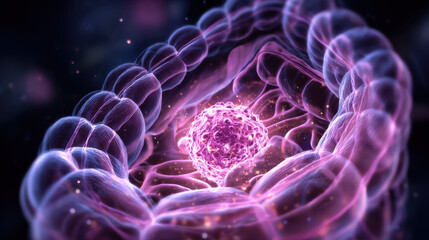 Obraz premium Purple cancer cell inside intestine lumen glowing microscopic view, tumor cell, intestinal wall, cellular structure, medical illustration