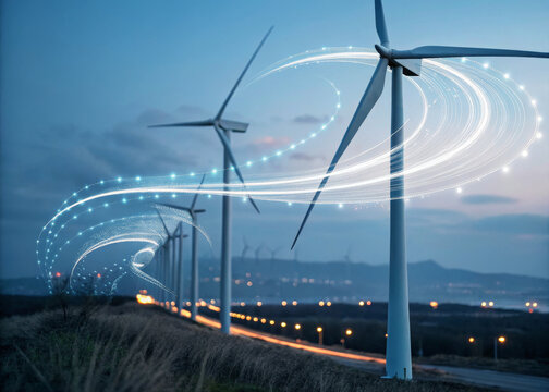 Swirl light energy wind turbine renewable power clean electricity futuristic landscape blue hour spinning blades smart grid data flow sustainable technology sweep across turbines dusk - Powered by Adobe