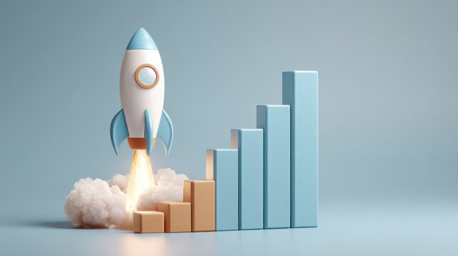 Rocket launch beside ascending bar chart symbolizing business growth and startup success with soft blue and beige tones, energetic flame and cloud adding dynamic emotion