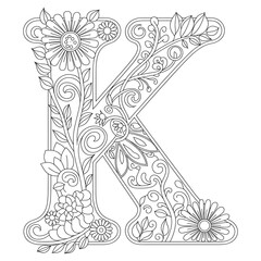 Floral Letter K Coloring Page, Decorative Alphabet Outline with Flowers and Leaves, Botanical Monogram Coloring Design