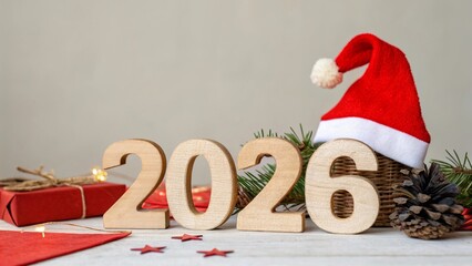 Wooden 2026 Numbers on Festive Holiday Backdrop - 8