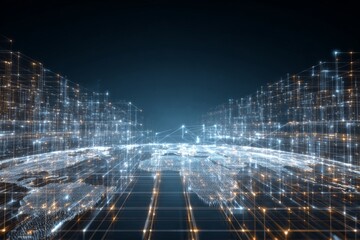 Digital landscape showcasing interconnected data networks across a global map with glowing elements