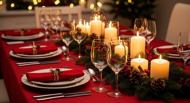Elegant Christmas Dinner Table Setting with Candles and Red Linens.