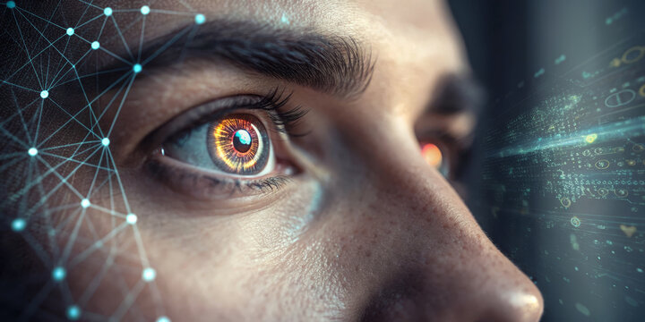 Cyberpunk eye glowing iris data stream technology biometric scan human face close up neural network futurism digital interface Captivated focus meets swirling code, curiosity and resolve blending