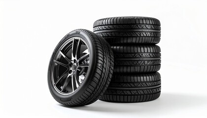 Stacked performance tires with alloy rim on dark background, showcasing tread detail and sleek design