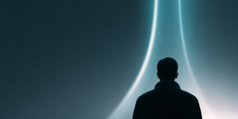 Silhouette of a man standing in front of glowing abstract light beams in a dark, foggy environment with a futuristic and mysterious atmosphere