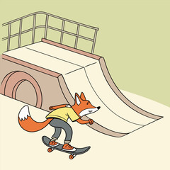 Cartoon fox riding a skateboard on a ramp in a playful outdoor skatepark scene