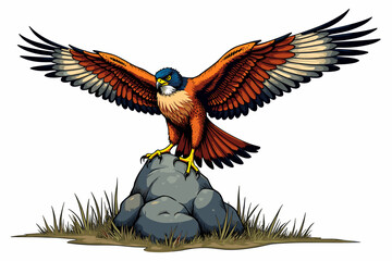 Falcon landing on a boulder with outstretched wings in a natural setting
