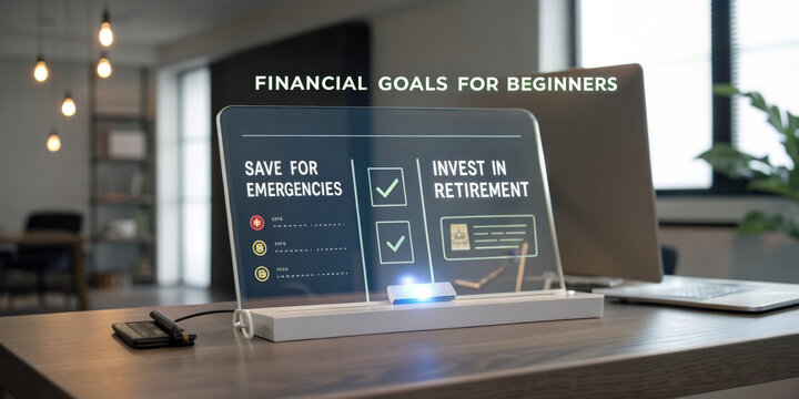 Financial goals for beginners hologram checklist finance savings emergency fund retirement invest planning budget guide sparks motivation on modern office desk with soft light and clean style