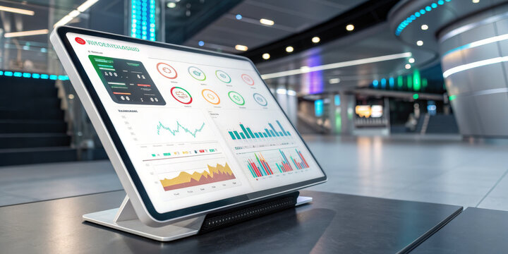 Futuristic dashboard financial analytics stock market data visualization digital interface trading screen modern office business technology performance metrics interactive display pulse