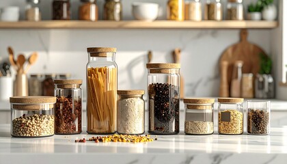 "Row of glass jars with wooden lids filled with dry foods on a clean kitchen countertop"