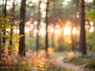 Soft forest warm bokeh golden light blurred background nature trail pine tree morning glow autumn foliage dreamy mood tranquil scene. Soft forest warm bokeh golden light blurred background nature