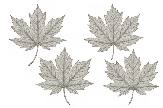 Vintage maple leaves outlining natural botanical design elements in grayscale, transparent background