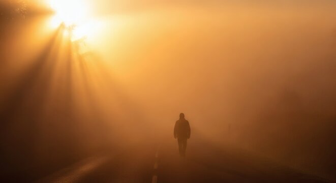 Solitary figure walks into the golden light of dawn with enveloped in misty mystery.