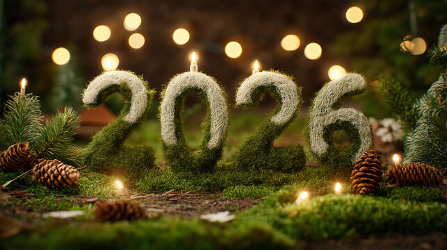 A captivating outdoor scene, showcasing a stylized presentation of the year 2026, where each number is elegantly crafted and adorned with moss. The backdrop is rich with natural elements like forest.