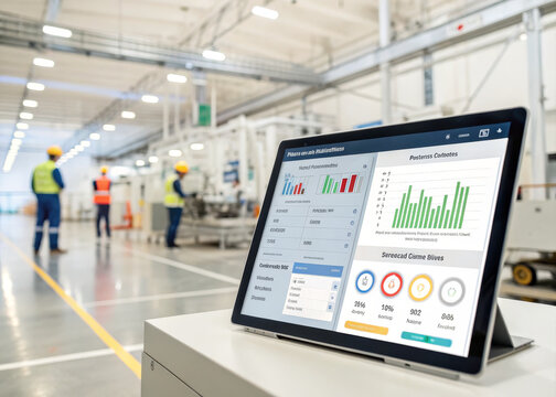 Smart factory dashboard industrial analytics production data manufacturing plant digital tablet worker safety helmet automation quality control efficiency