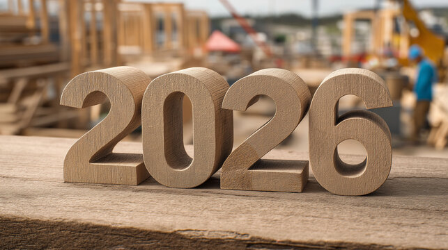 A close-up view of wooden numbers, the year 2026, set against the backdrop of a construction site. This image captures the anticipation and promise of the future.