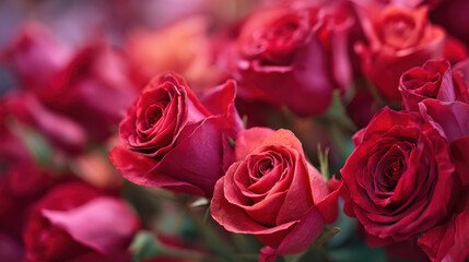 Obraz premium A bouquet of red rose fills frame with lush petals and soft bokeh, romantic color and delicate texture creating intimate floral mood