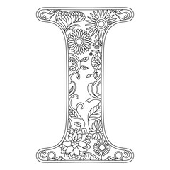 Floral Letter I Coloring Page, Decorative Alphabet Outline with Flowers and Leaves, Botanical Monogram Coloring Design