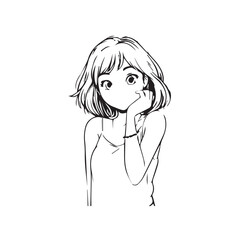 Beautiful Kawaii Girl Black and White Vector Illustration in Cute Simple Line Art Style