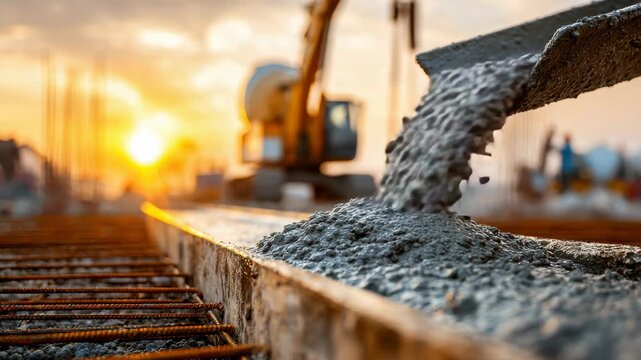 Construction workers pour concrete at sunset for a new building in an urban area
