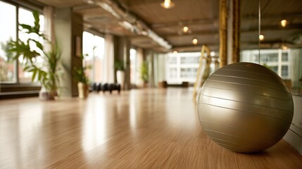 Large exercise ball rests on a polished wooden floor within a sunlit space
