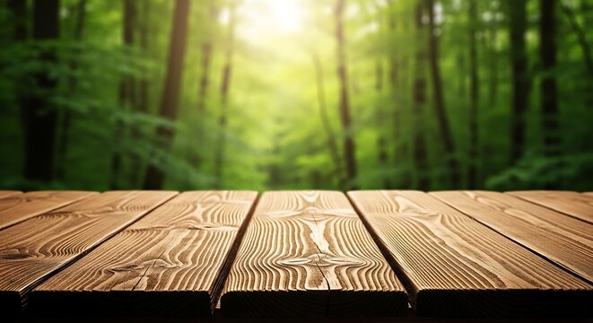 Empty wooden table in a sunlit forest with green trees and bokeh effect, perfect for product placement or naturethemed designs