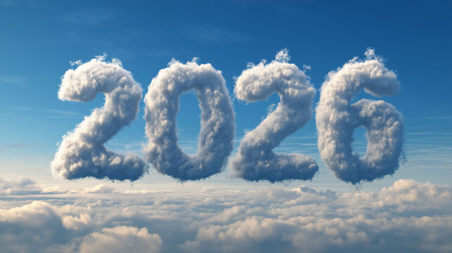 The year 2026, composed of fluffy clouds, floats high above other clouds against a bright blue sky. A scene that could represent future aspirations, anticipation, or a milestone.
