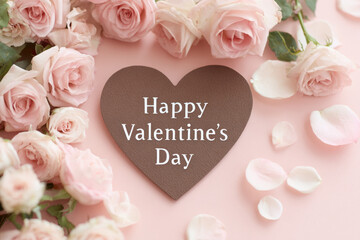 Chocolate paper heart card surrounded by pale pink roses and scattered rose petals on soft blush background conveying romantic celebration and gentle affection