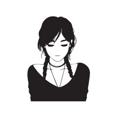 Beautiful Kawaii Girl Black and White Vector Illustration in Cute Simple Line Art Style