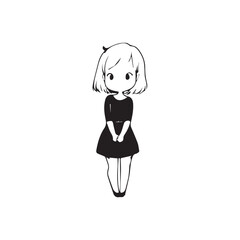 Beautiful Kawaii Girl Black and White Vector Illustration in Cute Simple Line Art Style