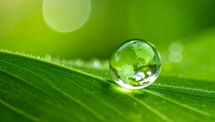 緑の葉の上に地球を映す自然の水滴が輝く朝の光景