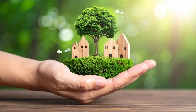 手の中で家と木が並ぶ自然と調和した持続可能な環境イメージ