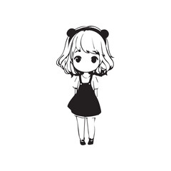Beautiful Kawaii Girl Black and White Vector Illustration in Cute Simple Line Art Style