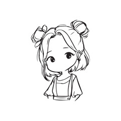Beautiful Kawaii Girl Black and White Vector Illustration in Cute Simple Line Art Style