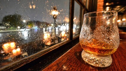 A whiskey glass sits by a rainy window at night.