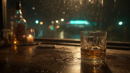 Whiskey glass on a rainy night windowsill.